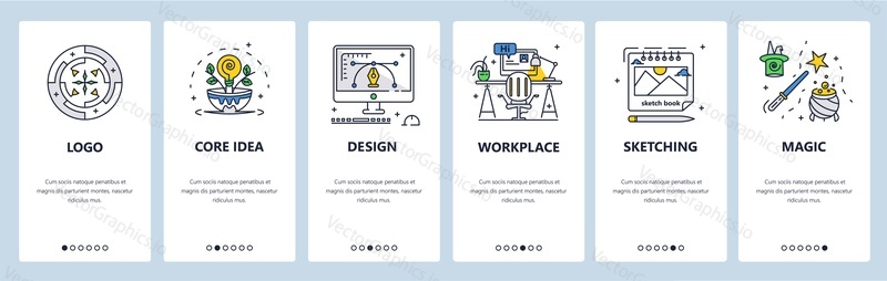 Graphic designer workspace. Logo creation, core brand idea, sketching. Mobile app screens. Vector banner template for website and mobile development. Web site design illustration.