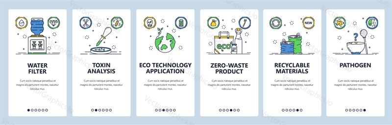 Zero waste lifestyle web site and mobile app onboarding screens. Menu banner vector template for website and application development. Toxin analysis, water filter, zero waste products. Thin line art.