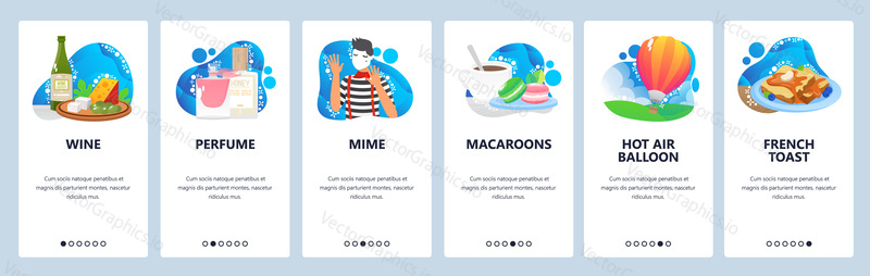 France website and mobile app onboarding screens. Menu banner vector template for travel web site and application development with blue abstract shapes. France culture, art of mime, perfumes, cuisine.