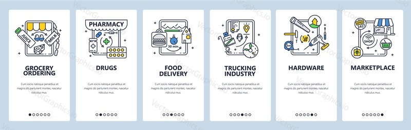 Marketplace, hardware, pharmacy. Online grocery ordering. Food delivery. Trucking industry. Mobile app screens. Vector banner template for website and mobile development. Web site design illustration.