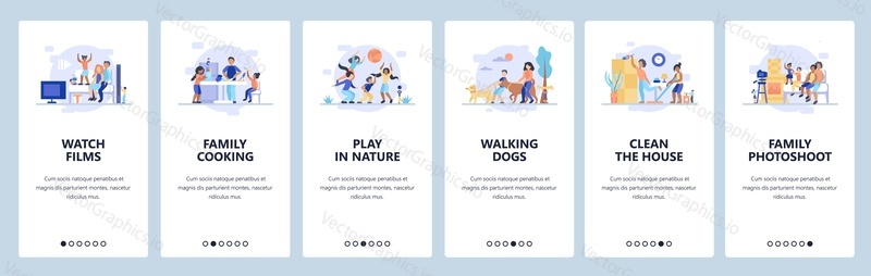 Family time. Parents spending time with kids. Watching films cooking playing cleaning house. Mobile app screens. Vector banner template for website and mobile development. Web site design illustration