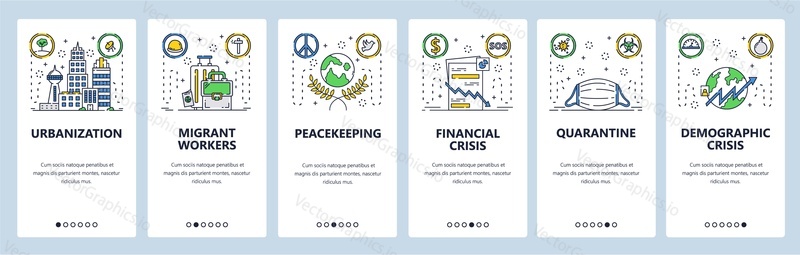 Crisis web site and mobile app onboarding screens. Menu banner vector template for website and application development. Financial and demographic crisis, migrant workers. Thin line art flat style.