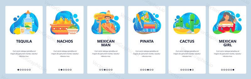 Mexico web site and mobile app onboarding screens. Menu banner vector template for travel website and application development with blue abstract shapes. Mexico national culture and traditional cuisine