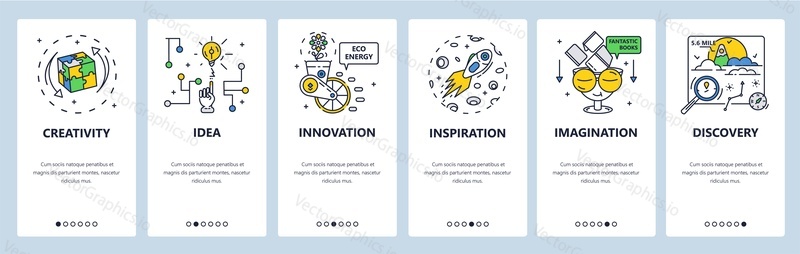 Brainstorm creative solution development. Business innovation idea, imagination inspiration. Mobile app screens. Vector banner template for website and mobile development. Web site design illustration
