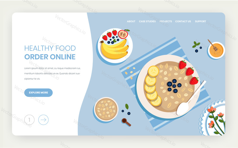 Food online vector website template, landing page design for website and mobile web site development. Healthy organic food order. Oatmeal porridge with banana, strawberry, apple fruits for breakfast.