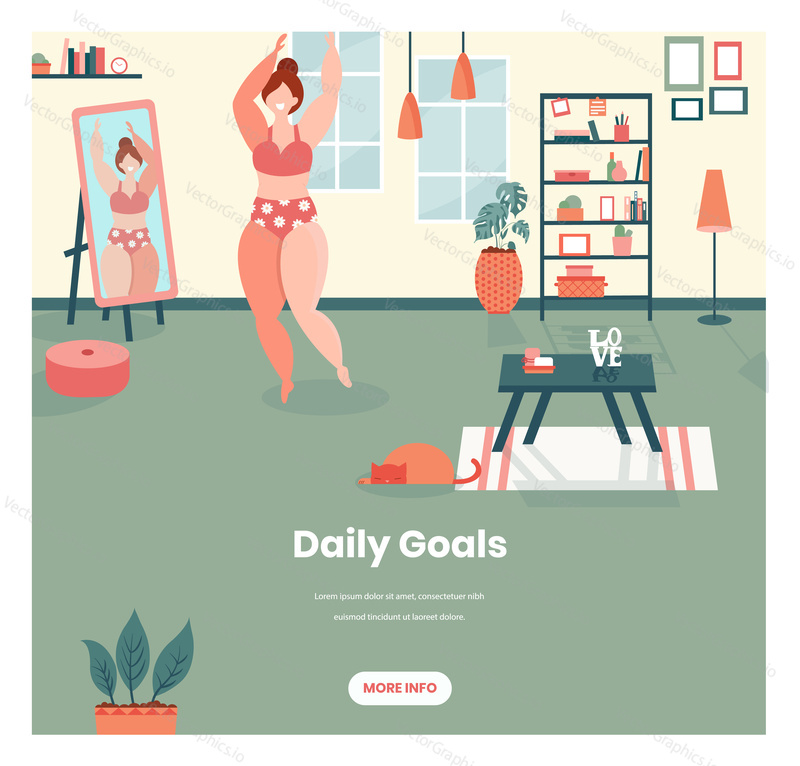 Daily goals vector web banner template. Happy girl, cute plus size woman wearing lingerie looking yourself in the mirror, retro flat style design illustration. Body positive, love yourself.