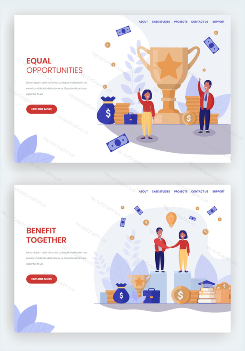 Vector website template, landing page design for website and mobile site development. Equal opportunities and equal benefits, gender equality concept web banners, flat style illustration.