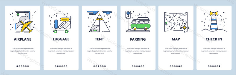 Travel web site and mobile app onboarding screens. Menu banner vector template for website and application development. Travel by plane, bus, hiking, trekking, camping. Thin line art flat style.