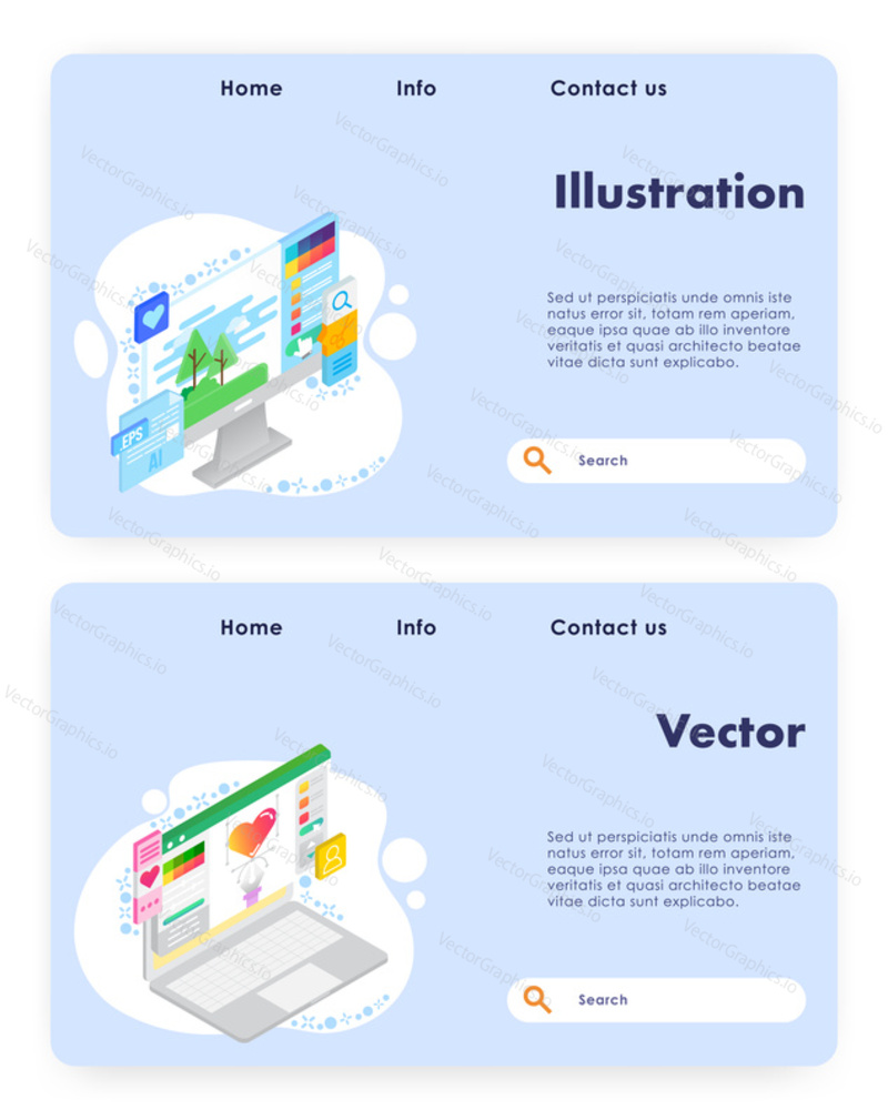 Website template, landing page design for website and mobile site development. Illustration and vector concept web banners. Vector art and graphics, flat isometric illustration.