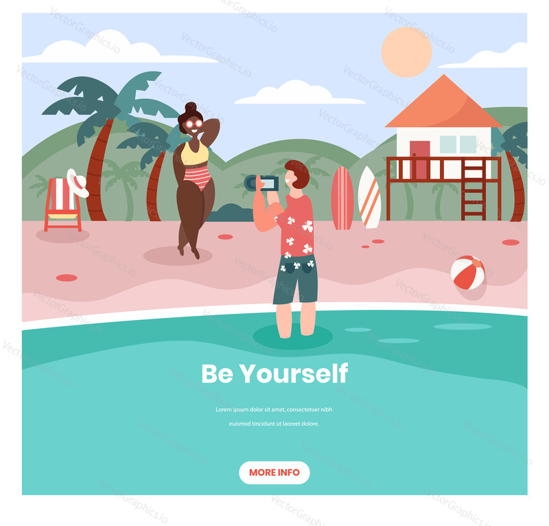 Be yourself vector web banner template. Photographer taking photos of cute plus size african american woman, model on beach, flat illustration in retro style. Body positive, love your body concept.