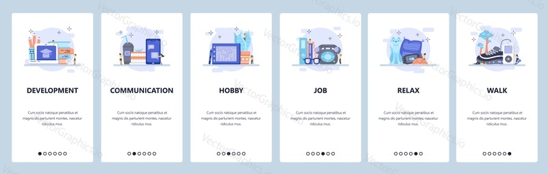 Education online, self development, work and rest, hobby, communication. Personal growth. Mobile app screens. Vector banner template for website and mobile development. Web site design illustration