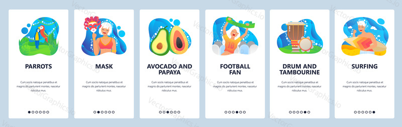 Brazil web site and mobile app onboarding screens. Menu banner vector template for travel website and application development with blue abstract shapes. Brazil football sport, music culture, cuisine.