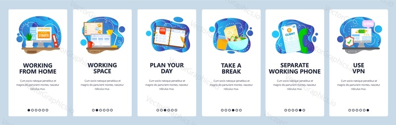 Working remotely from home. Take rest, plan day. Use separate phone, vpn. Home workspace. Mobile app screens. Vector banner template for website and mobile development. Web site design illustration.