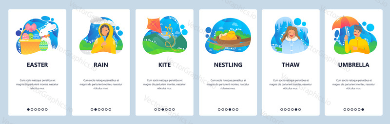 Spring season website and mobile app onboarding screens. Menu banner vector template for web site and application development with abstract shapes. Easter spring holiday, rainy weather, nestling birds