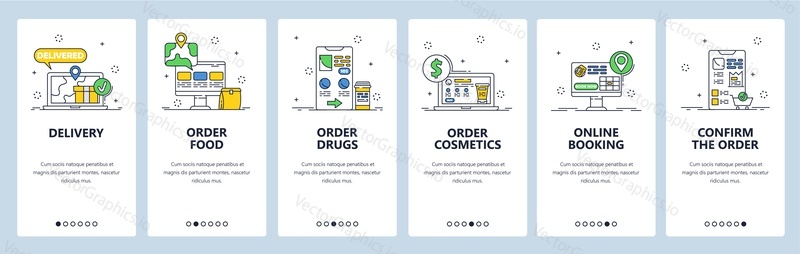 Order takeaway food, drugs, cosmetics and home delivery service online. Mobile app screens. Vector banner template for website and mobile development. Web site design illustration.
