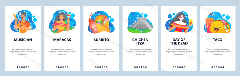Mexican culture and cuisine web site and mobile app onboarding screens. Menu banner vector template for website and application development with abstract shapes. Mexican landmarks music holidays food.