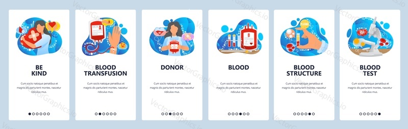 Blood donation. Blood transfusion, medical lab test. Mobile app onboarding screens. Vector banner template for website and mobile development. Web site design illustration.