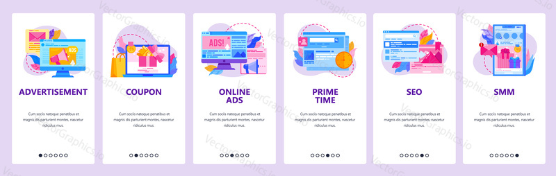 Advertising web site and mobile app onboarding screens. Menu banner vector template for website and application development with blue abstract shapes. Smm, seo, coupon, online advertising campaign.