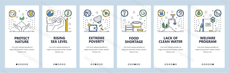 Protect nature web site and mobile app onboarding screens. Menu banner vector template for website and application development. Lack of clean water, food shortage, poverty. Save nature welfare program