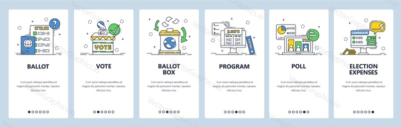 Election campaign and voting. Political party or candidate program, poll results, expenses. Mobile app screens. Vector banner template for website and mobile development. Web site design illustration.
