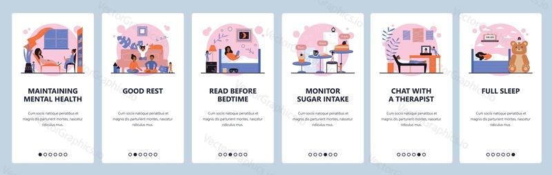 Mental health maintaining tips. Good rest and meditation, full sleep, psychology therapy. Mobile app screens. Vector banner template for website and mobile development. Web site design illustration.