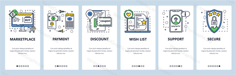 Marketplace web site and mobile app onboarding screens. Menu banner vector template for website and application development. Thin line art flat style. Online e-commerce marketplace, internet payment.