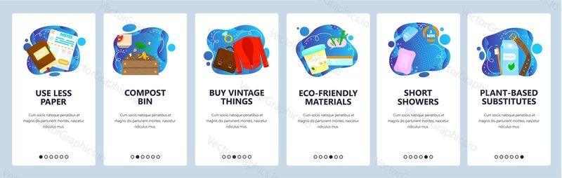 Eco lifestyle environment protection. Use eco materials, less paper, save natural resources. Mobile app screens. Vector banner template for website and mobile development. Web site design illustration