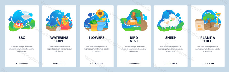 Spring website and mobile app onboarding screens. Menu banner vector template for web site and application development with liquid abstract shapes. Bbq party, gardening, planting trees, spring flowers