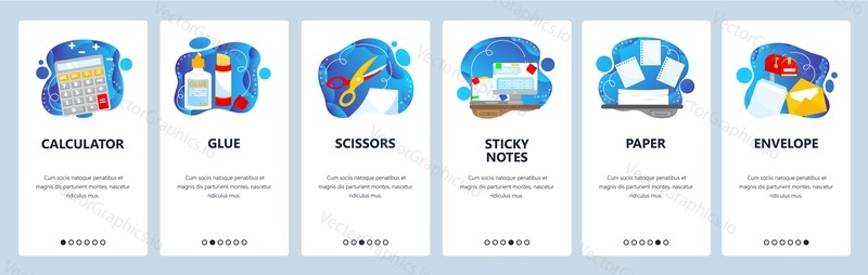 Office stationery. Business workspace accessories and supplies. Calculator, scissors. Mobile app screens. Vector banner template for website and mobile development. Web site design illustration.