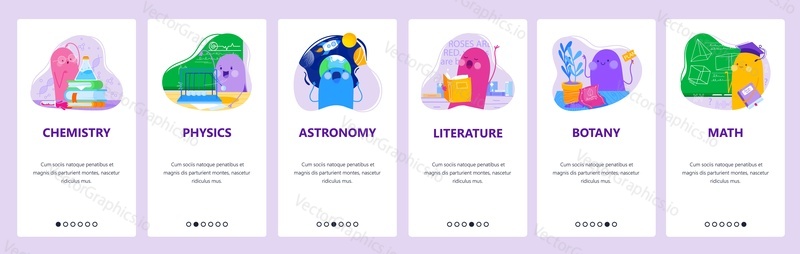 Study school education subjects chemistry, physics, astronomy, literature, botany and math. Mobile app screens. Vector banner template for website and mobile development. Web site design illustration.