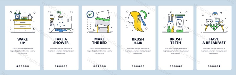Morning routine website and mobile app onboarding screens. Menu banner vector template for web site and application development. Everyday morning habits wake up, take shower, brush teeth eat breakfast