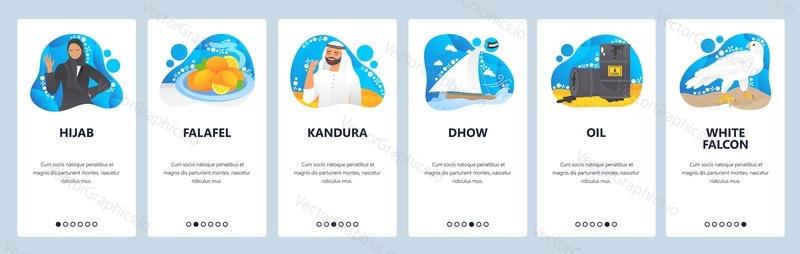 United Arab Emirates website and mobile app onboarding screens. Menu banner vector template for web site and application development. Traditional emirati dress, cuisine. Oil production industry in UAE
