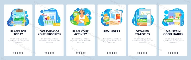 Habit tracking website and mobile app onboarding screens. Menu banner vector template for web site and application development. Plan daily activity, maintain good habits, overview progress, statistics