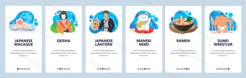 Japanese culture and cuisine website and mobile app onboarding screens. Menu banner vector template for web site and application development. Japanese sumo wrestling, geisha, maneki neko figurine.