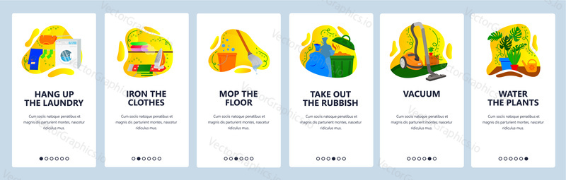 Household chores website and mobile app onboarding screens. Menu banner vector template for web site and application development. Laundry, home cleaning chores, watering plants, taking out rubbish.