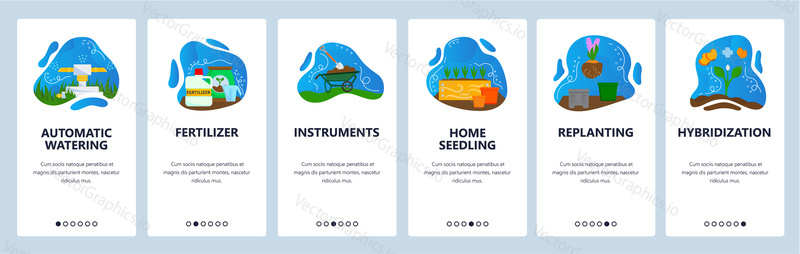 Gardening website and mobile app onboarding screens. Menu banner vector template for web site and application development. Home seedling, watering, fertilizer, replanting hybridization gardening tools
