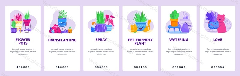 Growing houseplants website and mobile app onboarding screens. Menu banner vector template for web site and application development. Pot plant home gardening, care for houseplants, pet-friendly plants