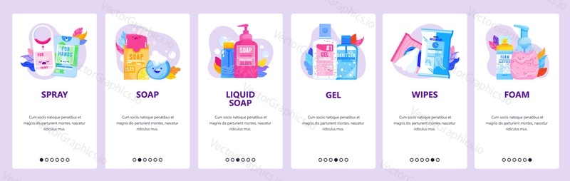 Hand sanitizer website and mobile app onboarding screens. Menu banner vector template for web site and application development. Health and hygiene products. Spray, soap, gel, wipes, liquid soap, foam.