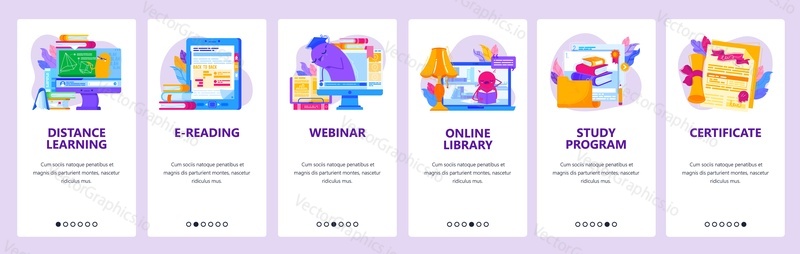 Distance learning website and mobile app onboarding screens. Menu banner vector template for web site and application development. Distance education, e-learning, online library, webinar, certificate.