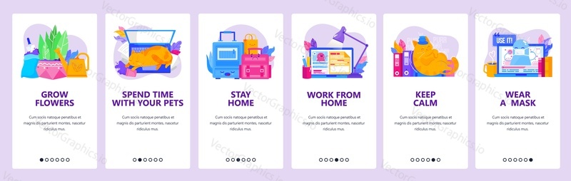 Coronavirus tips website and mobile app onboarding screens. Menu banner vector template for web site and application development. Stay home, work remotely, keep calm during coronavirus quarantine.