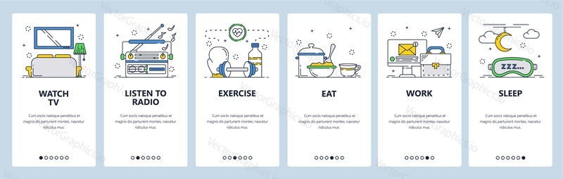 Habit tracking website and mobile app onboarding screens. Menu banner vector template for web site and application development. Daily routine, habits watch tv, listen to radio, exercise eat work sleep