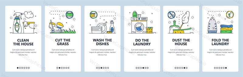 House cleaning website and mobile app onboarding screens. Menu banner vector template for web site and application development. Laundry, household chores. Cutting grass, home cleaning, washing dishes.
