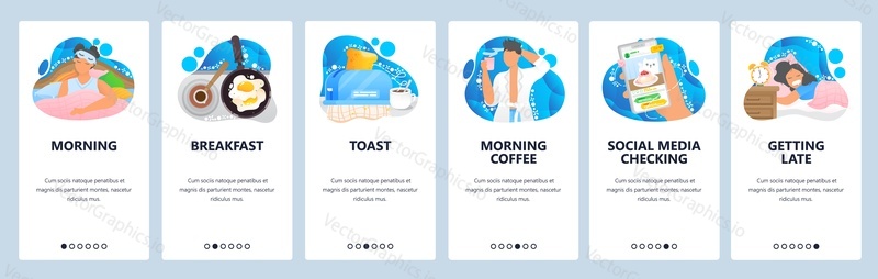 Morning routine website and mobile app onboarding screens. Menu banner vector template for web site and application development. Morning daily habits wake up, toast and coffee, social media checking.