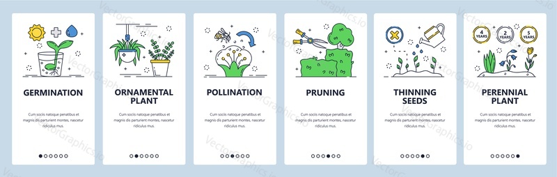 Flower gardening website and mobile app onboarding screens. Menu banner vector template for web site and application development. Growing flowering plants, pruning, pollination, germination of plants.