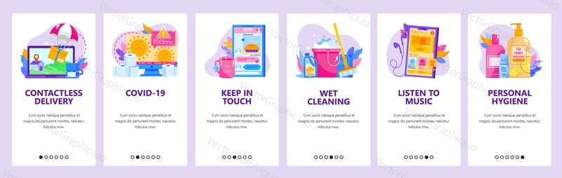 Quarantine tips website and mobile app onboarding screens. Menu banner vector template for web site and application development for people in quarantine. Personal hygiene, wet cleaning, keep in touch.