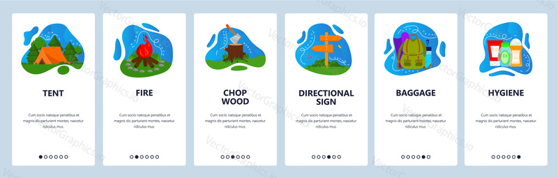 Camping website and mobile app onboarding screens. Menu banner vector template for web site and application development. Camping gear and supplies. Tent, fire, chop woods, hygiene products, baggage.