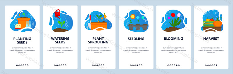 Planting website and mobile app onboarding screens. Menu banner vector template for web site and application development. Planting and watering seeds, plant sprouting, seedling, blooming, harvesting.