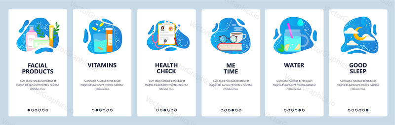 Self care website and mobile app onboarding screens. Menu banner vector template for web site and application development. Face skin care products, good sleep, drink water, vitamins, health check.