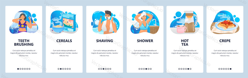 Morning routine website and mobile app onboarding screens. Menu banner vector template for web site and application development. Morning habits teeth brushing, shaving, shower, cereals for breakfast.