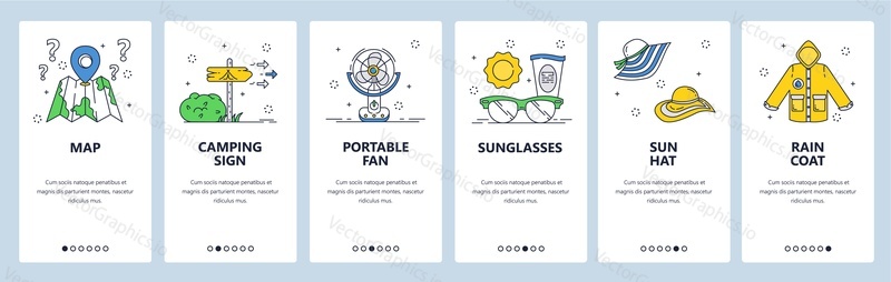 Summer travel web site and mobile app onboarding screens. Menu banner vector template for website and application development. Summer vacation planning, travel map, beach accessories. Thin line art.